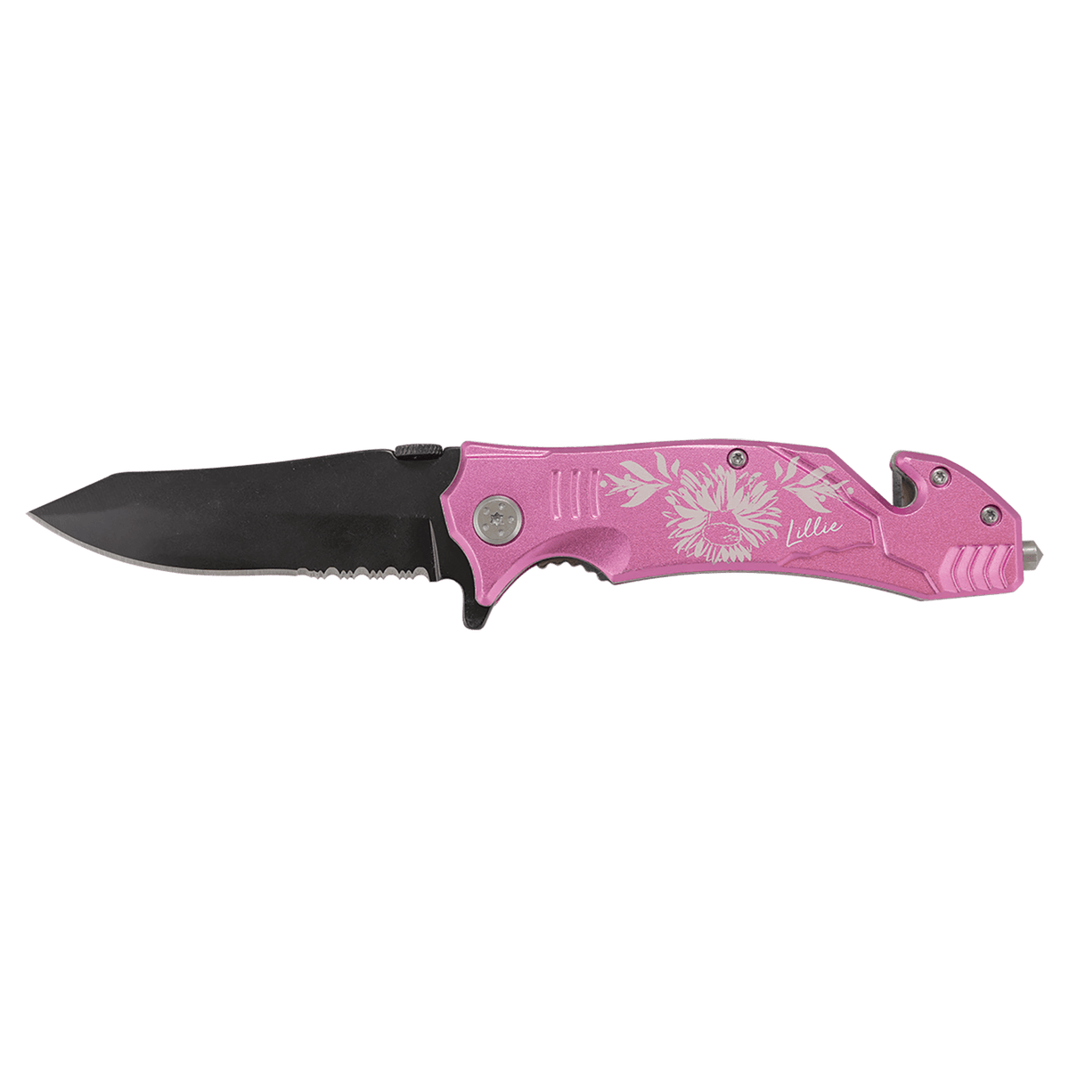 Pink Bison River rescue knife with seatbelt cutter and glass breaker