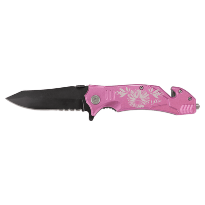 Pink Bison River rescue knife with seatbelt cutter and glass breaker