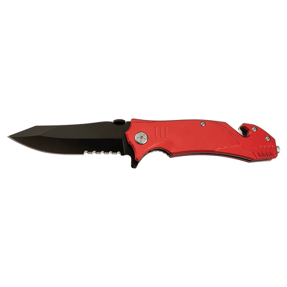 Red Bison River rescue knife with seatbelt cutter and glass breaker