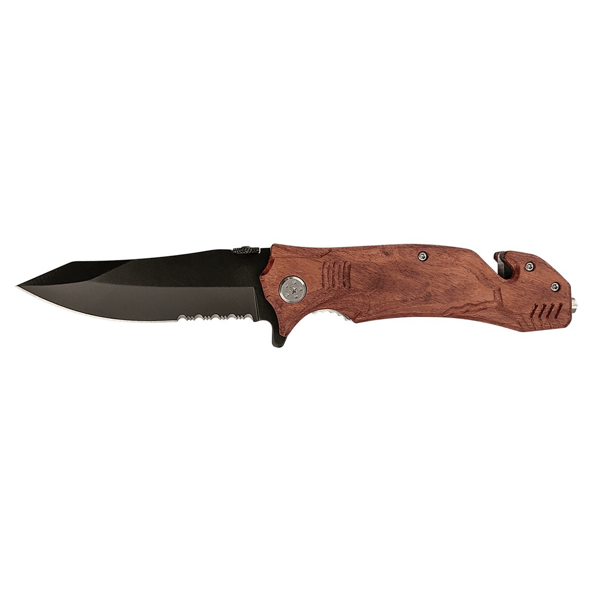 Wood grain Bison River rescue knife with seatbelt cutter and glass breaker