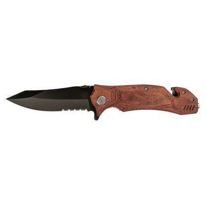 Wood grain Bison River rescue knife with seatbelt cutter and glass breaker