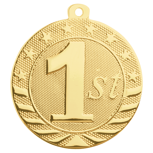 2 inch gold Starbrite 1st place medal, engravable back, with neck ribbon