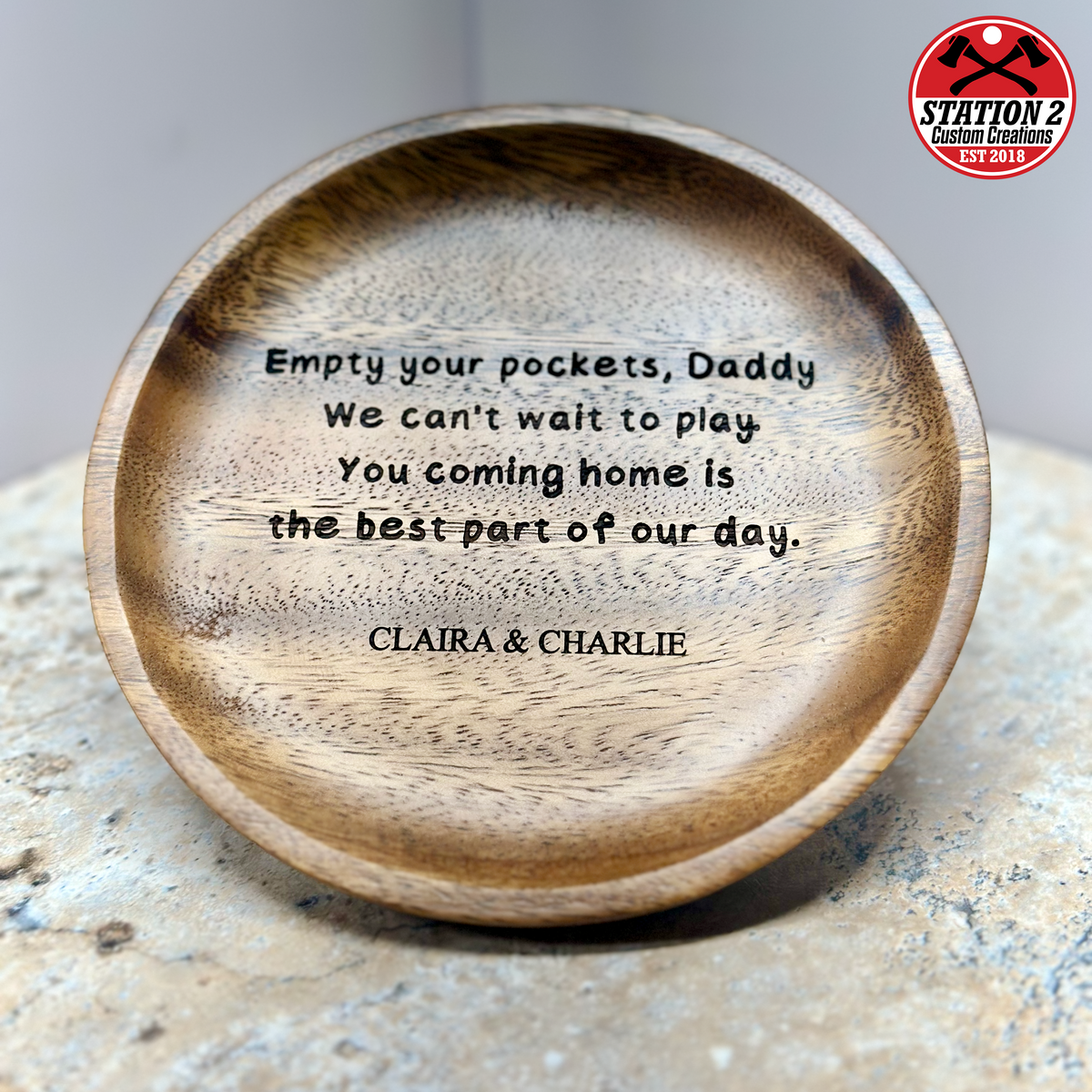 Round walnut catchall tray engraved with a personalized message to Dad