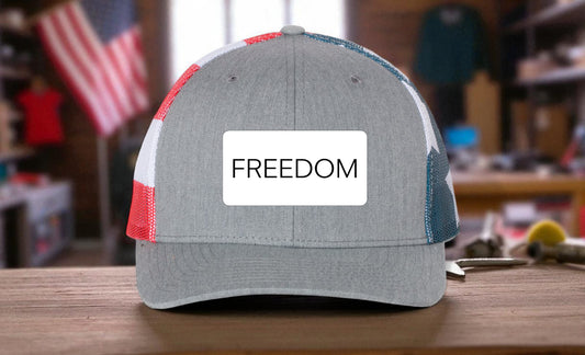 FREEDOM leatherette patch hat, Richardson 112 in Heather Grey with stars and stripes mesh