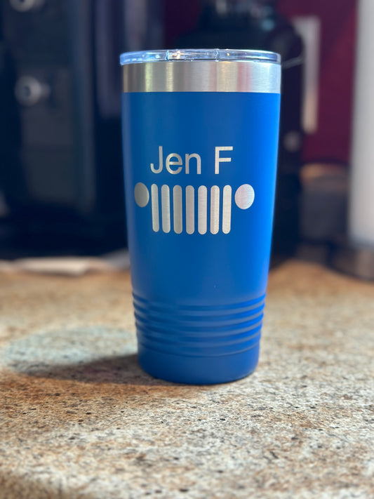 Royal Blue 20oz tumbler engraved with a Jeep-style grille and the name Jen F