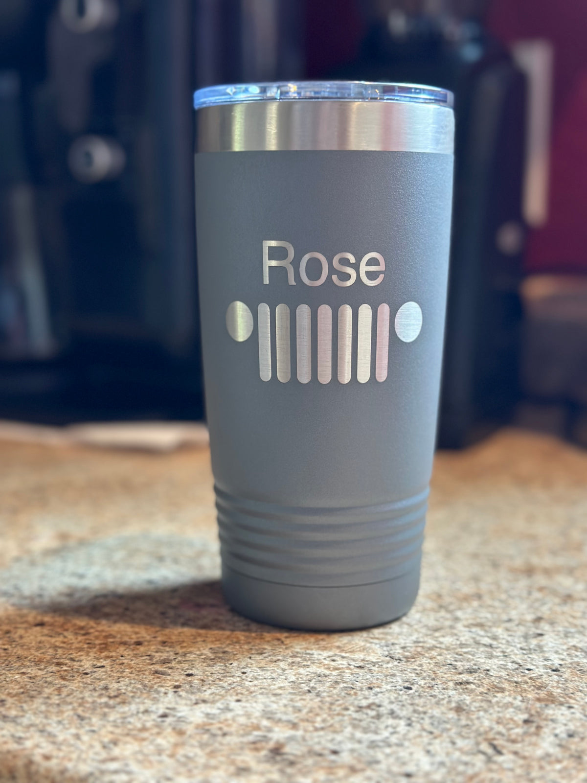 Dark Grey 20oz tumbler engraved with a Jeep-style grille and the name Rose