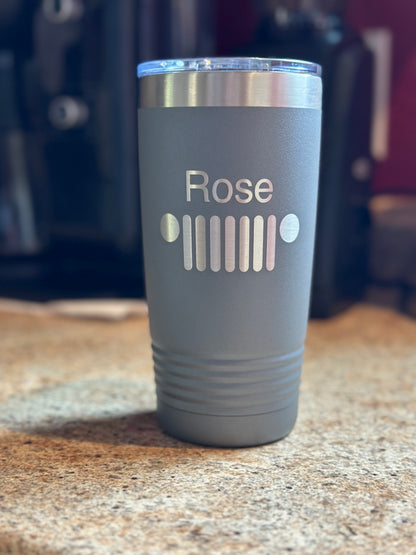 Dark Grey 20oz tumbler engraved with a Jeep-style grille and the name Rose