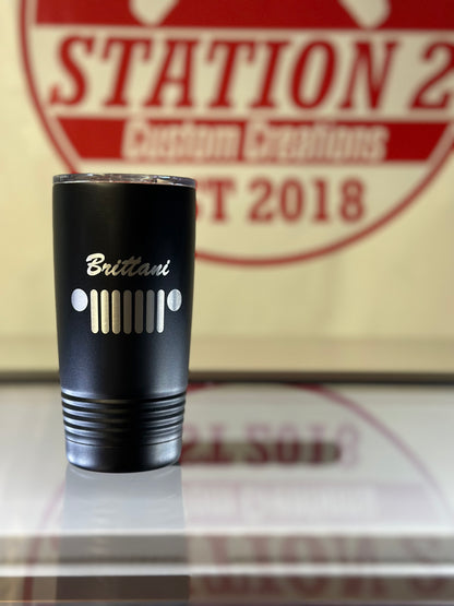 Black 20oz Freedom Trail tumbler engraved with a Jeep-style grille and name