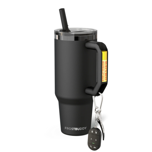 Black FrostBuddy Thicc Buddy 40oz insulated mug with handle, straw and cup cooler