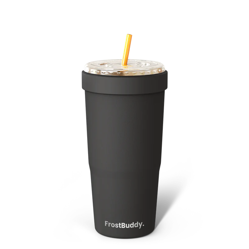 Black FrostBuddy To-Go Buddy insulated cup cooler holding an iced coffee