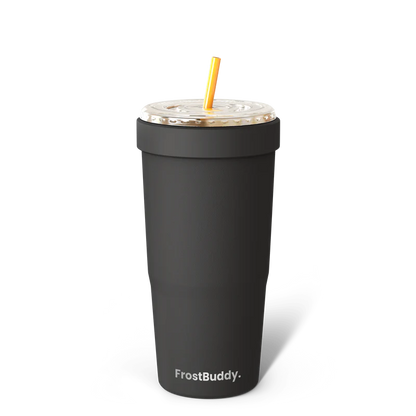 Black FrostBuddy To-Go Buddy insulated cup cooler holding an iced coffee