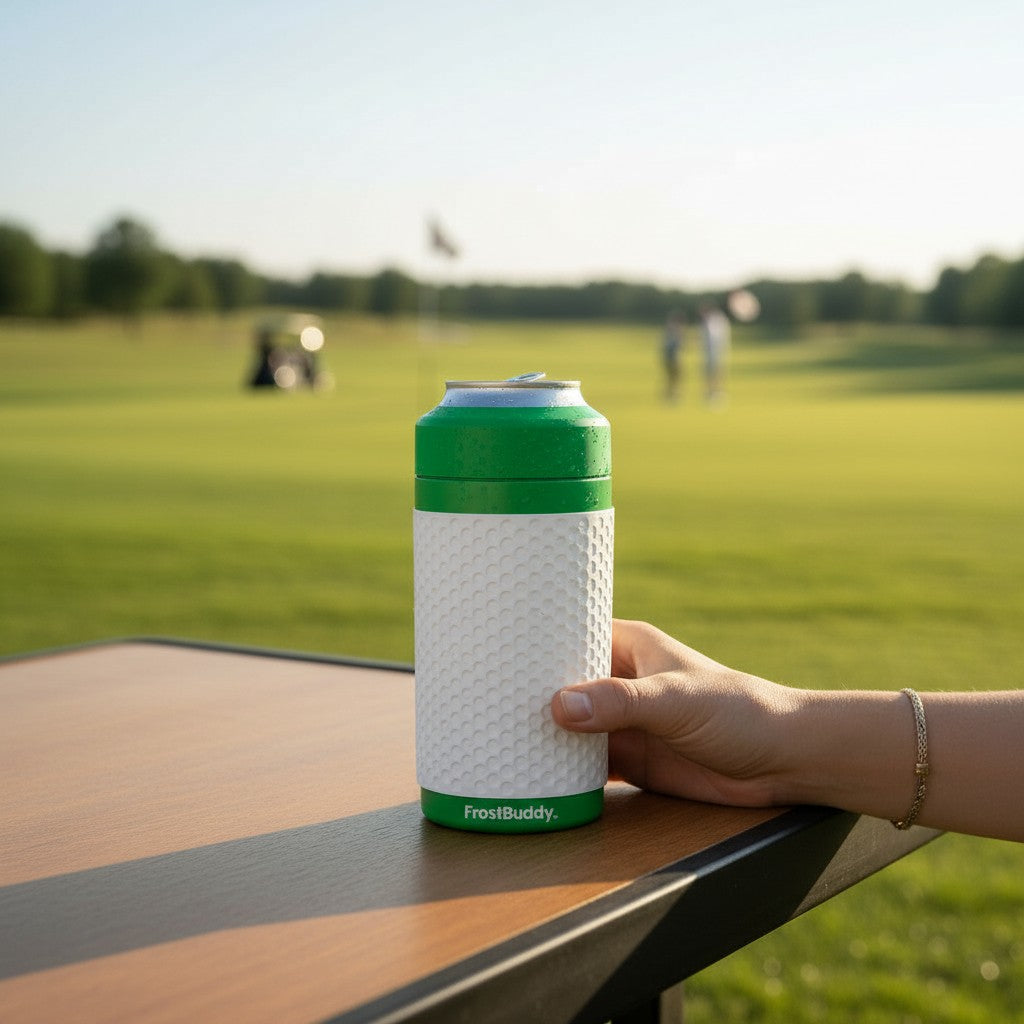 Golf FrostBuddy Universal can cooler on a golf cart at the course