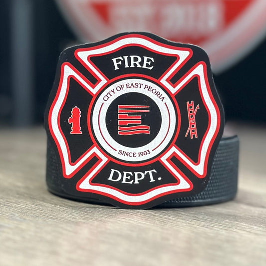Full-color printed fire department Maltese cross patch applied to a hat