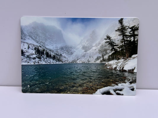 UV printed 5x7 metal photo print of a snowy mountain lake