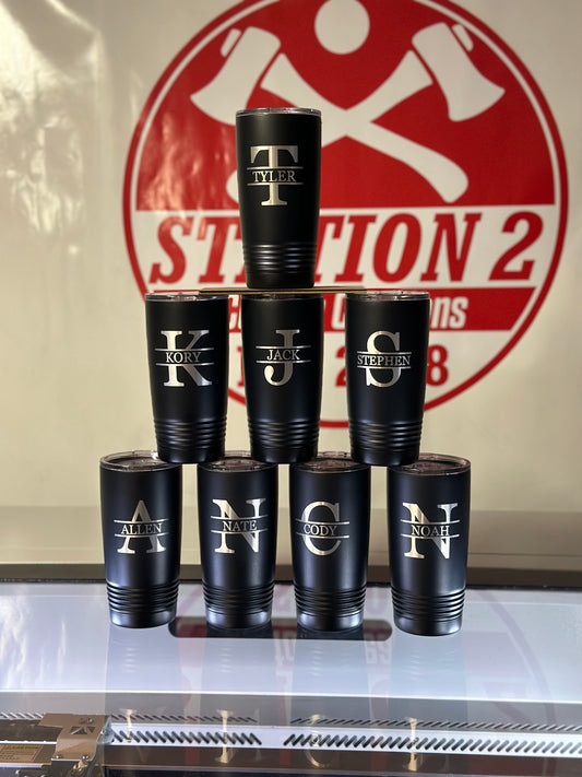 Black tumblers and can coolers engraved with individual monogram initials
