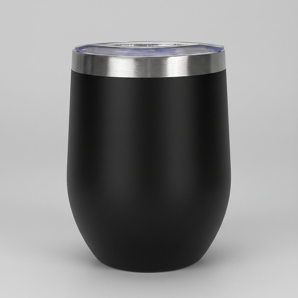 Black premium 12oz stemless wine tumbler, ready for custom laser engraving