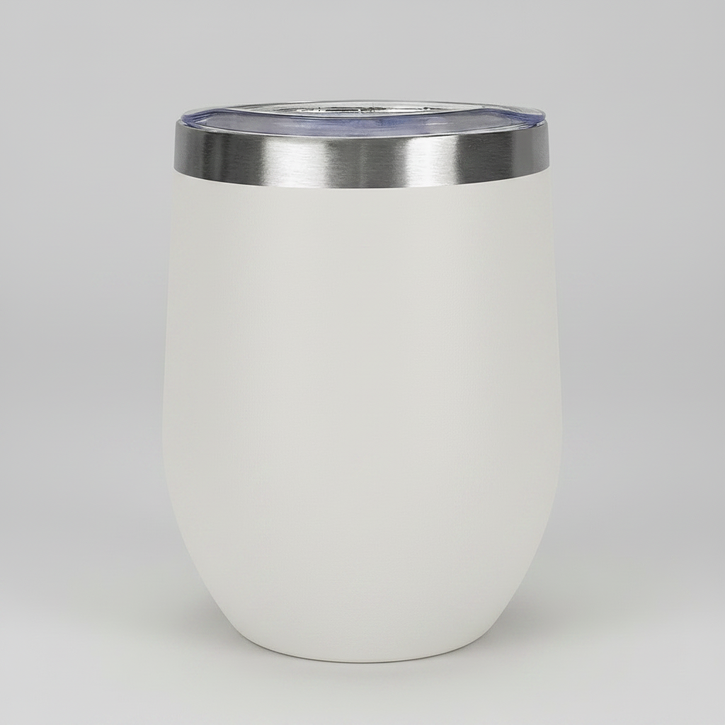 White premium 12oz stemless wine tumbler, ready for custom laser engraving