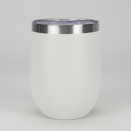 White premium 12oz stemless wine tumbler, ready for custom laser engraving