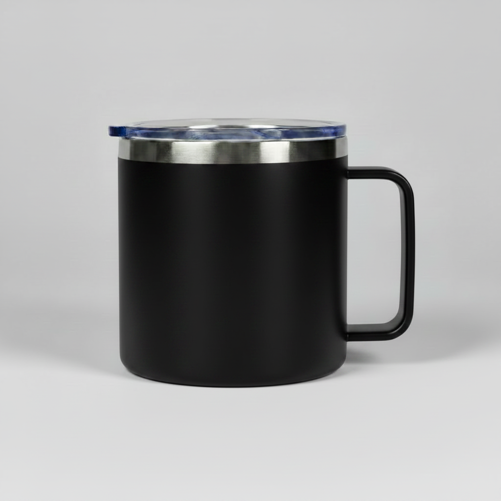 Black premium 14oz camping mug with handle, ready for custom laser engraving
