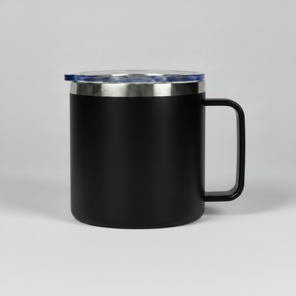 Black premium 14oz camping mug with handle, ready for custom laser engraving