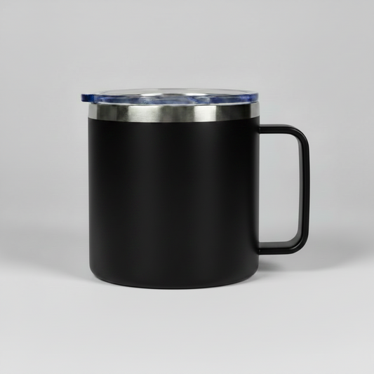 Black premium 14oz camping mug with handle, ready for custom laser engraving