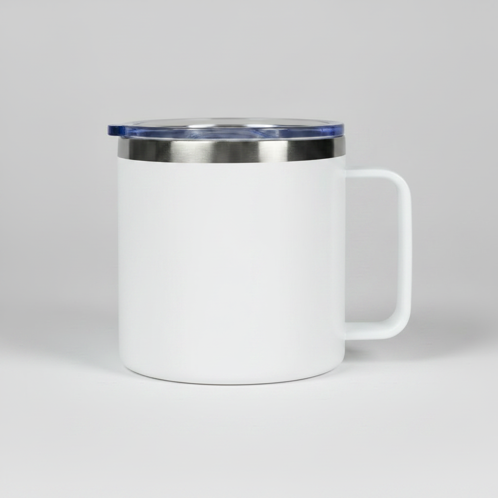 White premium 14oz camping mug with handle, ready for custom laser engraving