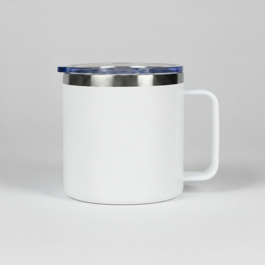 White premium 14oz camping mug with handle, ready for custom laser engraving