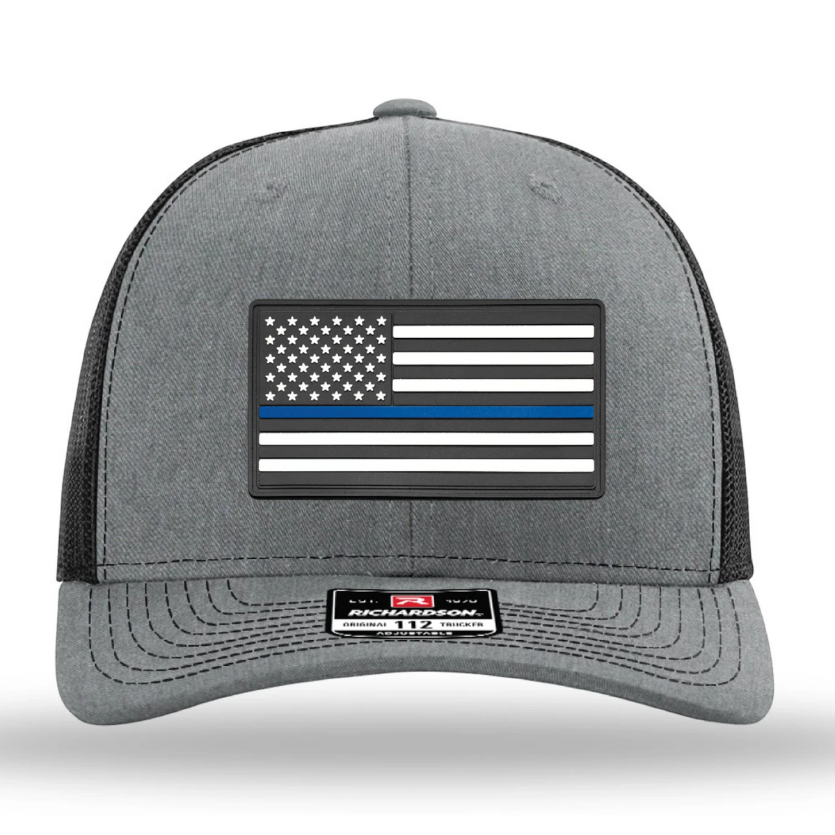 Richardson 112 in Heather Grey and Black with a PVC thin blue line flag patch
