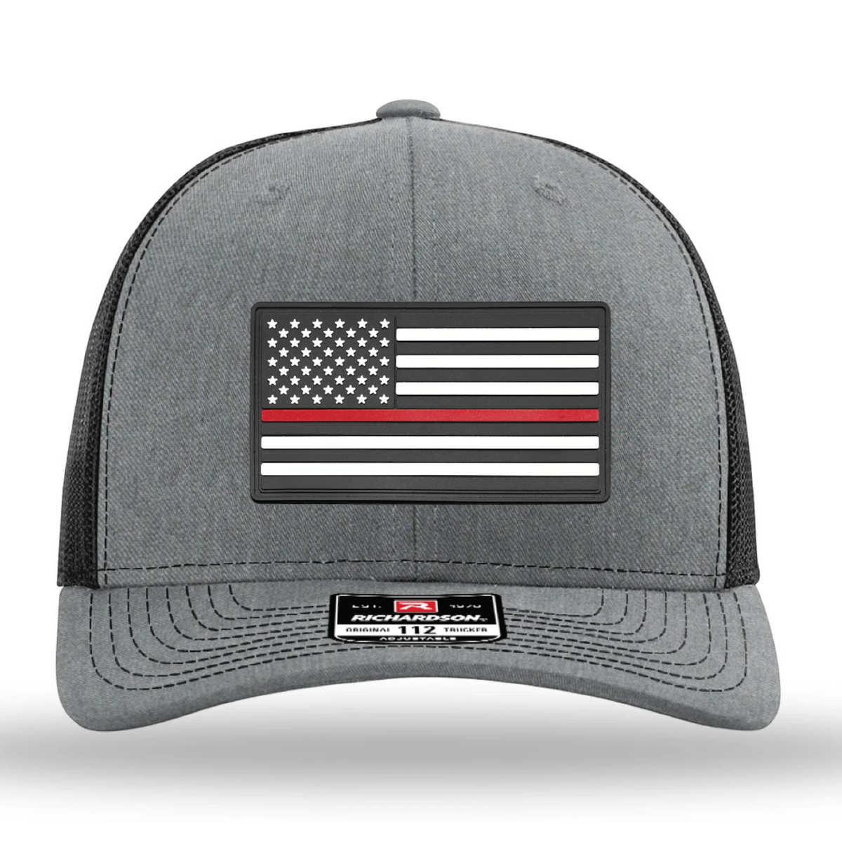 Richardson 112 in Heather Grey and Black with a PVC thin red line flag patch