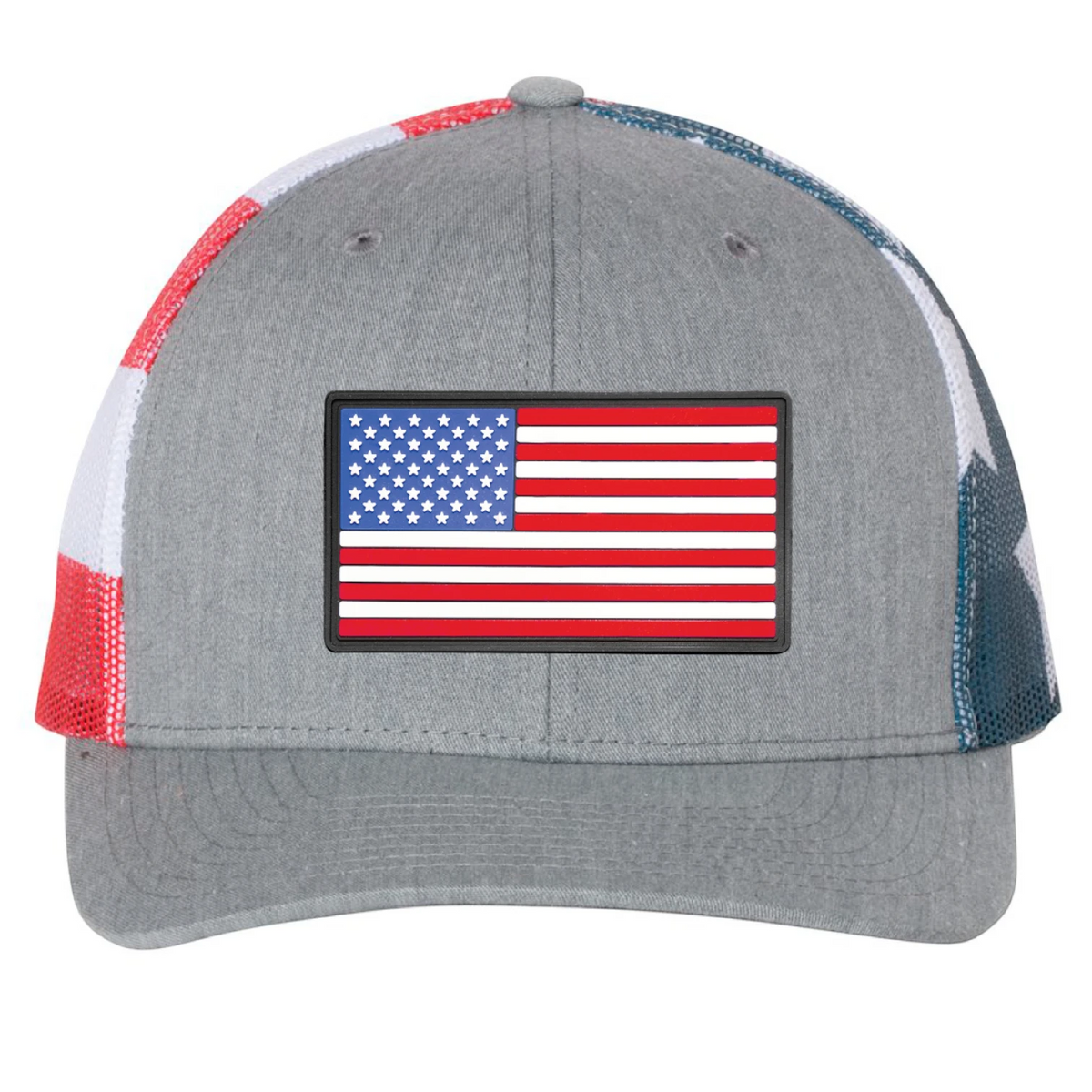 Richardson 112 in Heather Grey with stars and stripes mesh with a PVC American flag patch