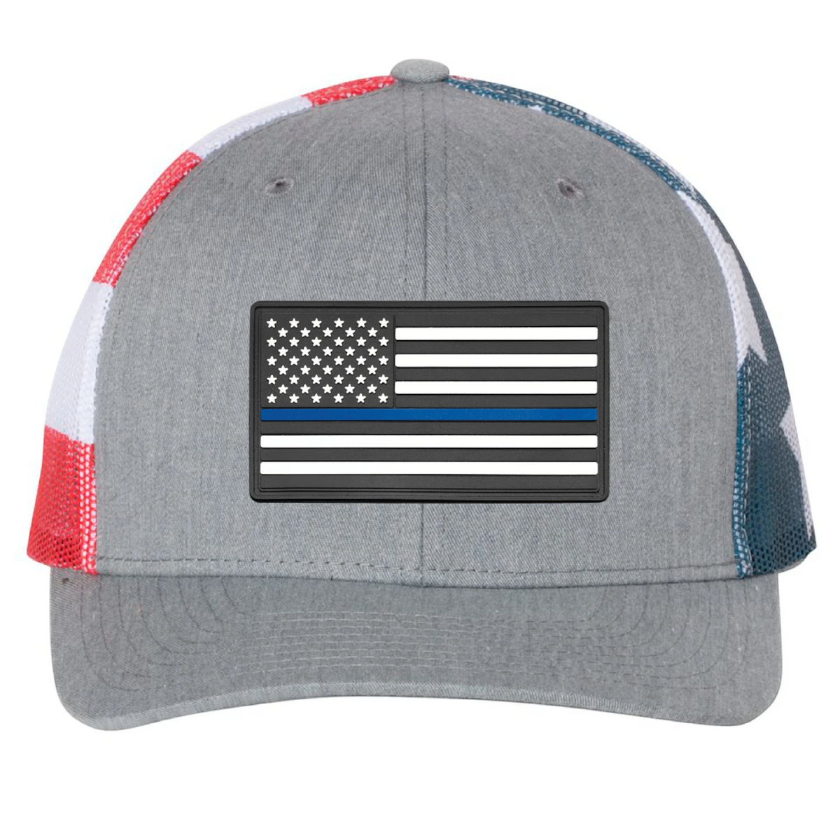 Richardson 112 in Heather Grey with stars and stripes mesh with a PVC thin blue line flag patch