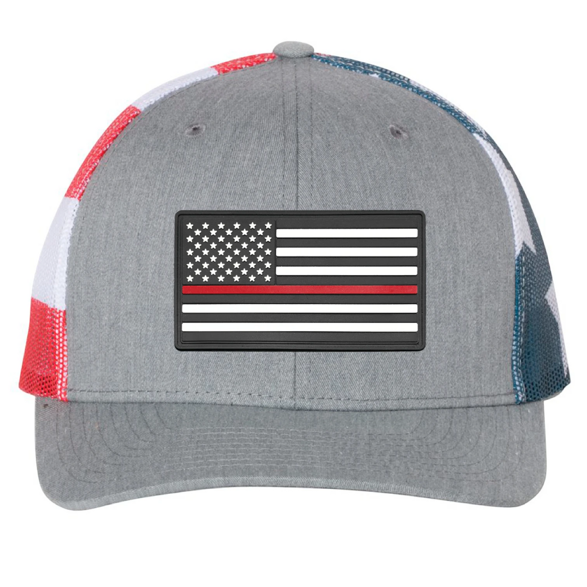 Richardson 112 in Heather Grey with stars and stripes mesh with a PVC thin red line flag patch