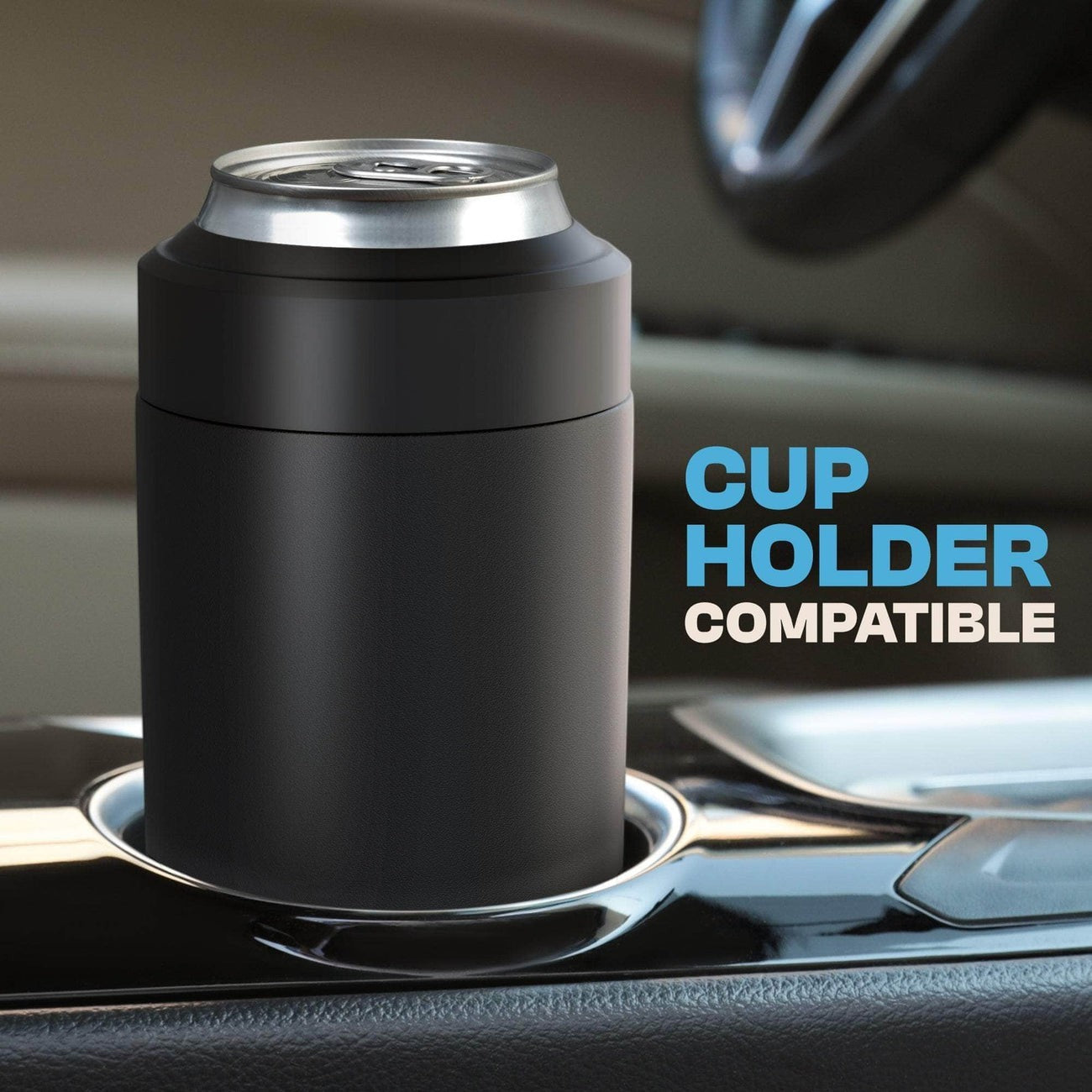 Station 2 Custom Creations matte black FrostBuddy Universal 2.0 can cooler sitting in a car cup holder