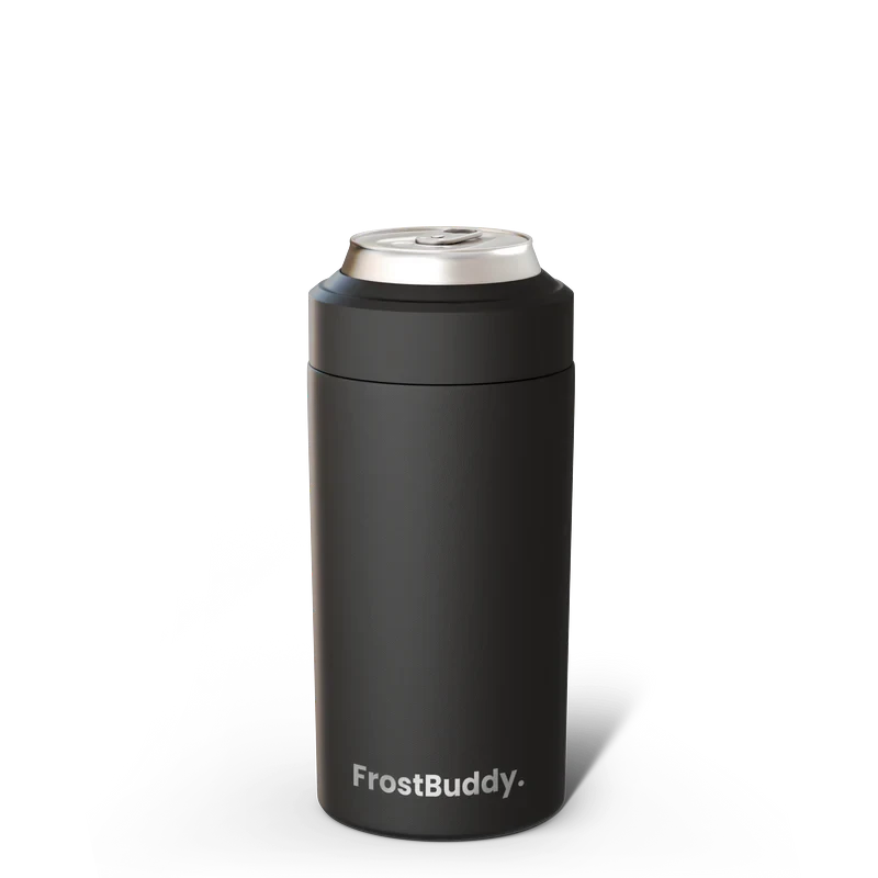 Station 2 Custom Creations matte black FrostBuddy Universal 2.0 insulated stainless steel can cooler on black background
