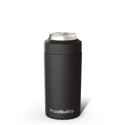Station 2 Custom Creations matte black FrostBuddy Universal 2.0 insulated stainless steel can cooler on black background