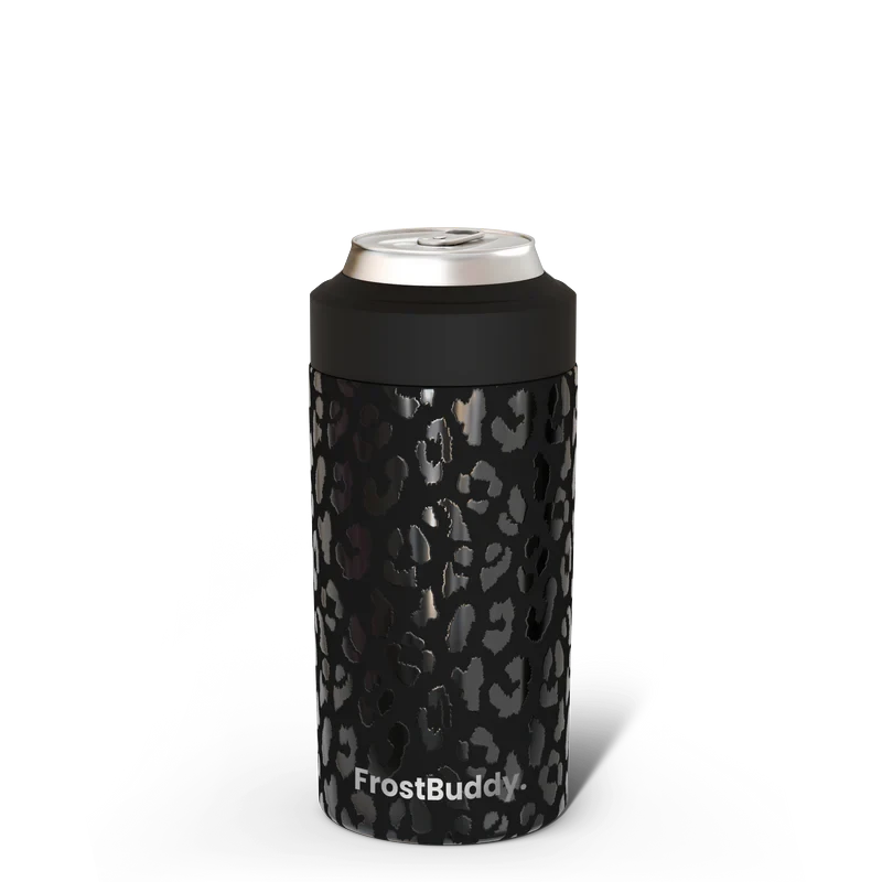 Station 2 Custom Creations black leopard print FrostBuddy Universal 2.0 vacuum-insulated stainless steel can cooler