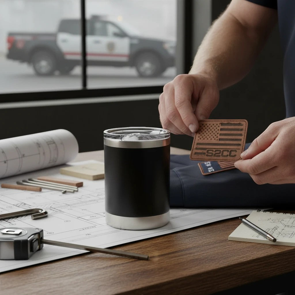 Station 2 Custom Creations 10oz black stainless steel lowball tumbler with leakproof lid on a drafting table.