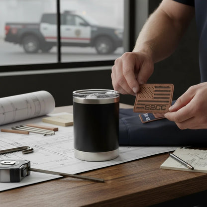 Station 2 Custom Creations 10oz black stainless steel lowball tumbler with leakproof lid on a drafting table.