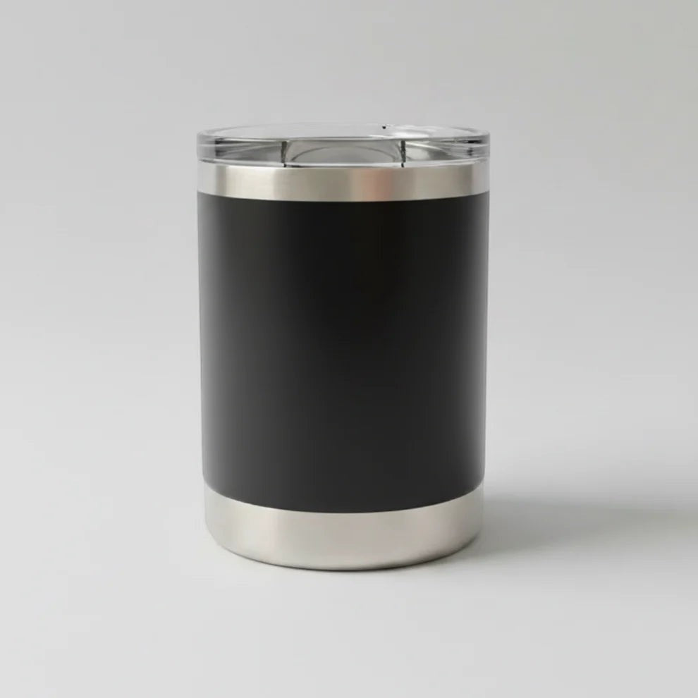 Station 2 Custom Creations 10oz black stainless steel lowball tumbler with a clear leakproof sliding lid.
