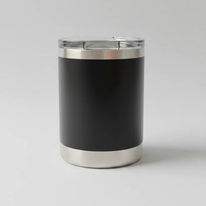 Station 2 Custom Creations 10oz black stainless steel lowball tumbler with a clear leakproof sliding lid.