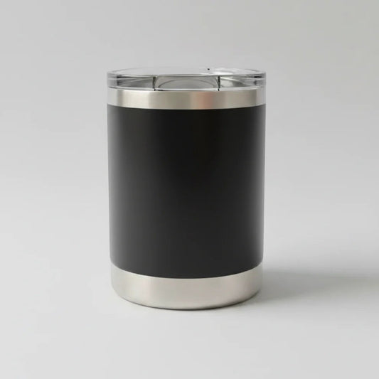 Station 2 Custom Creations 10oz black stainless steel lowball tumbler with a clear leakproof sliding lid.