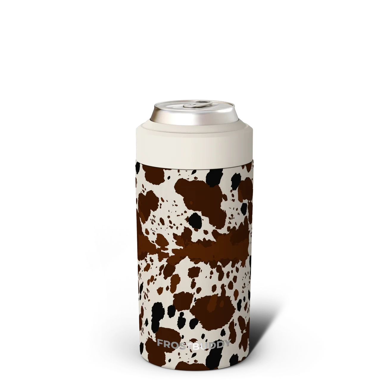 Station 2 Custom Creations FrostBuddy Universal 2.0 can cooler featuring a brown and black cow print pattern