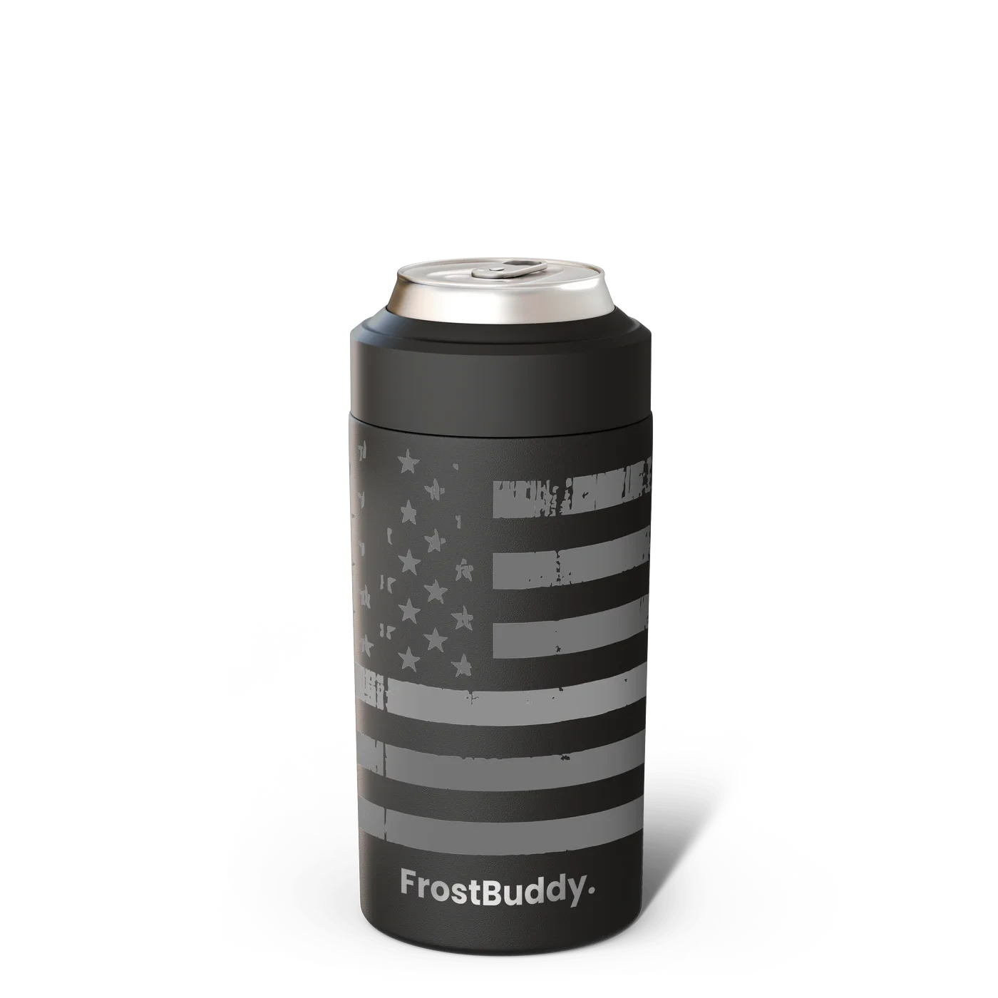 Station 2 Custom Creations black FrostBuddy Universal 2.0 can cooler featuring a laser-engraved American flag design.