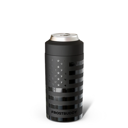 Station 2 Custom Creations black FrostBuddy Universal 2.0 can cooler with a laser-engraved American flag design.