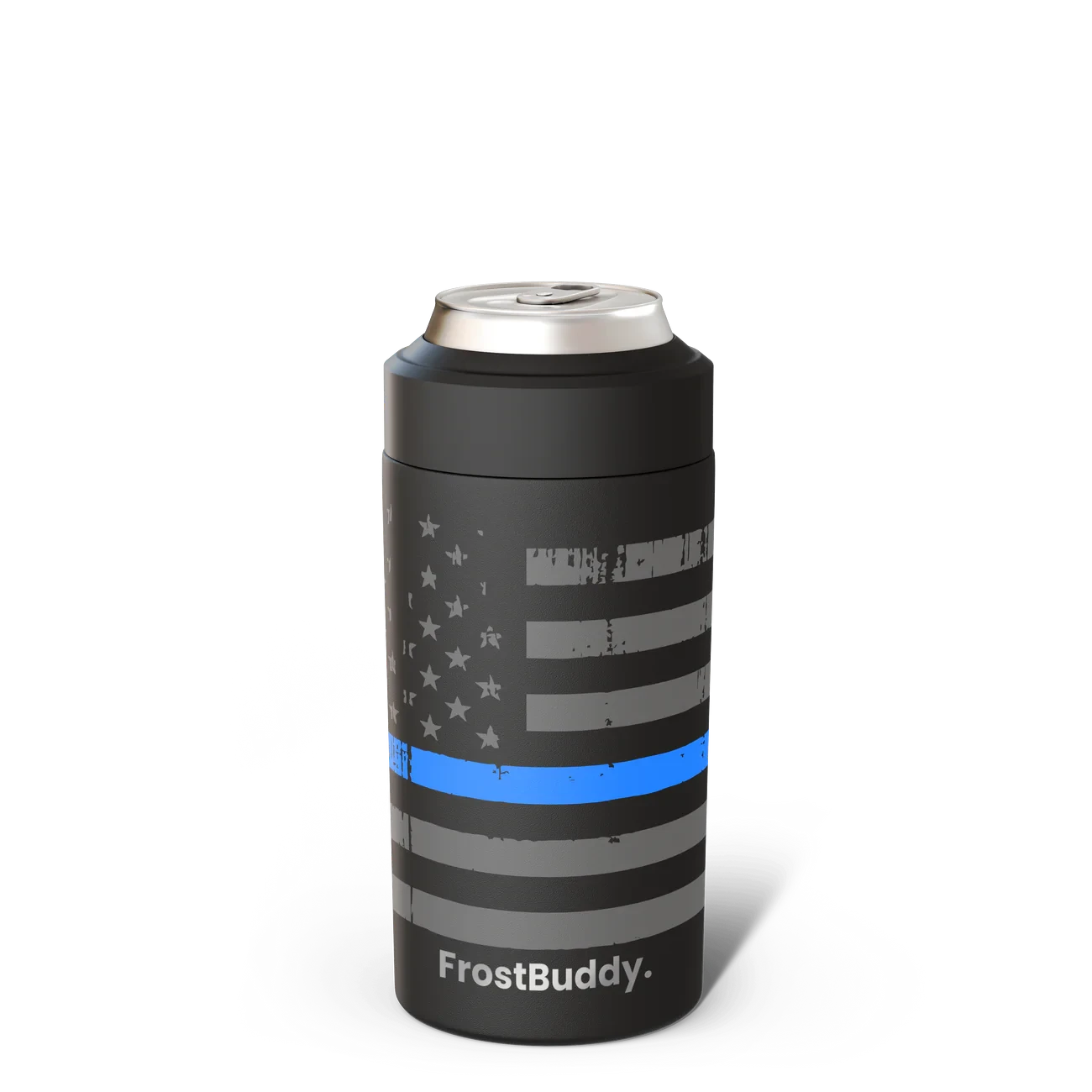 Station 2 Custom Creations FrostBuddy 2.0 can cooler with a black American flag and thin blue line for police support.