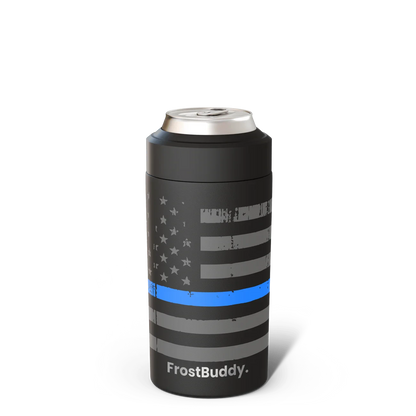 Station 2 Custom Creations FrostBuddy 2.0 can cooler with a black American flag and thin blue line for police support.