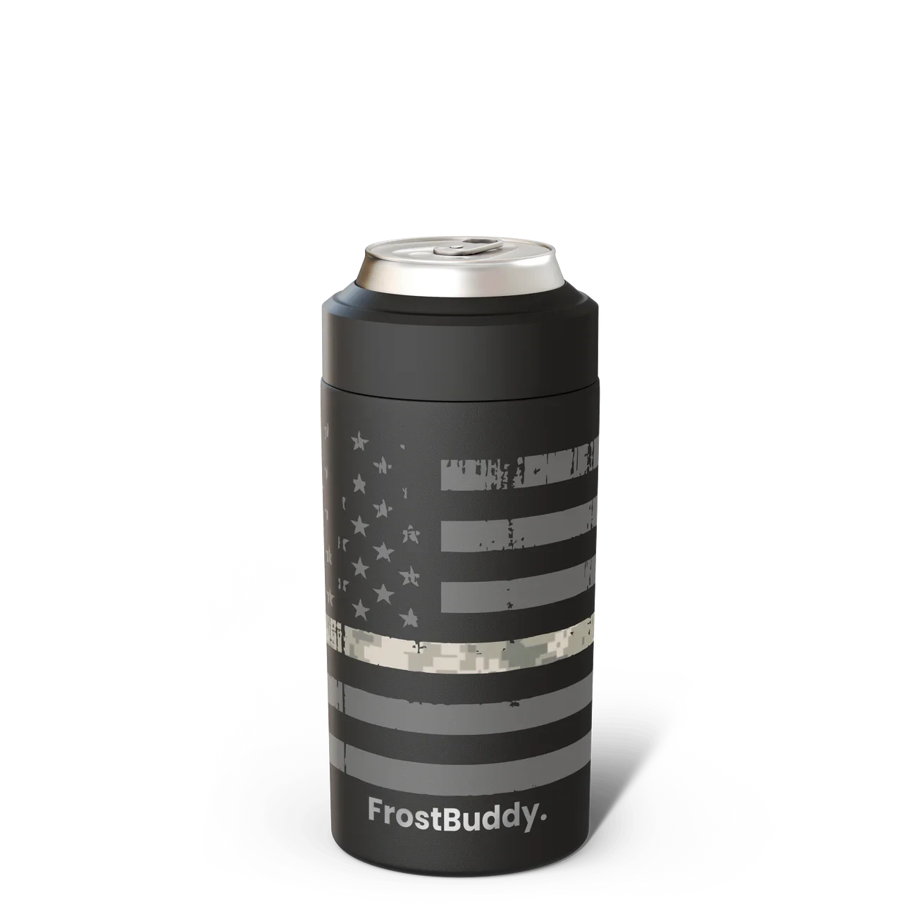 Station 2 Custom Creations FrostBuddy can cooler with a black powder-coated finish and a digital camo flag graphic.