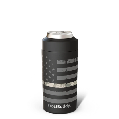 Station 2 Custom Creations FrostBuddy can cooler with a black powder-coated finish and a digital camo flag graphic.