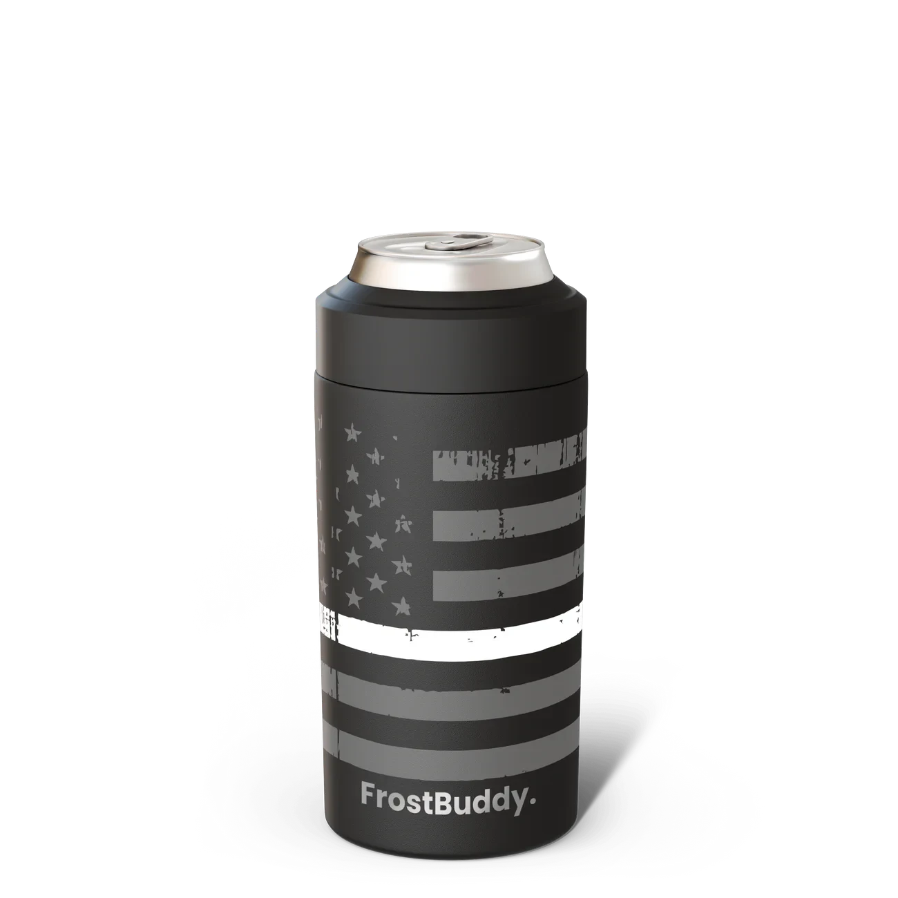 Station 2 Custom Creations FrostBuddy Universal 2.0 can cooler with a black American flag and white EMS thin line graphic.