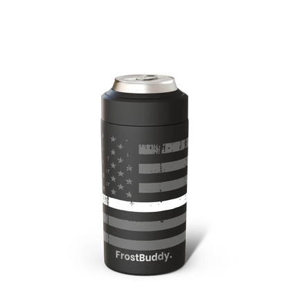 Station 2 Custom Creations FrostBuddy Universal 2.0 can cooler with a black American flag and white EMS thin line graphic.